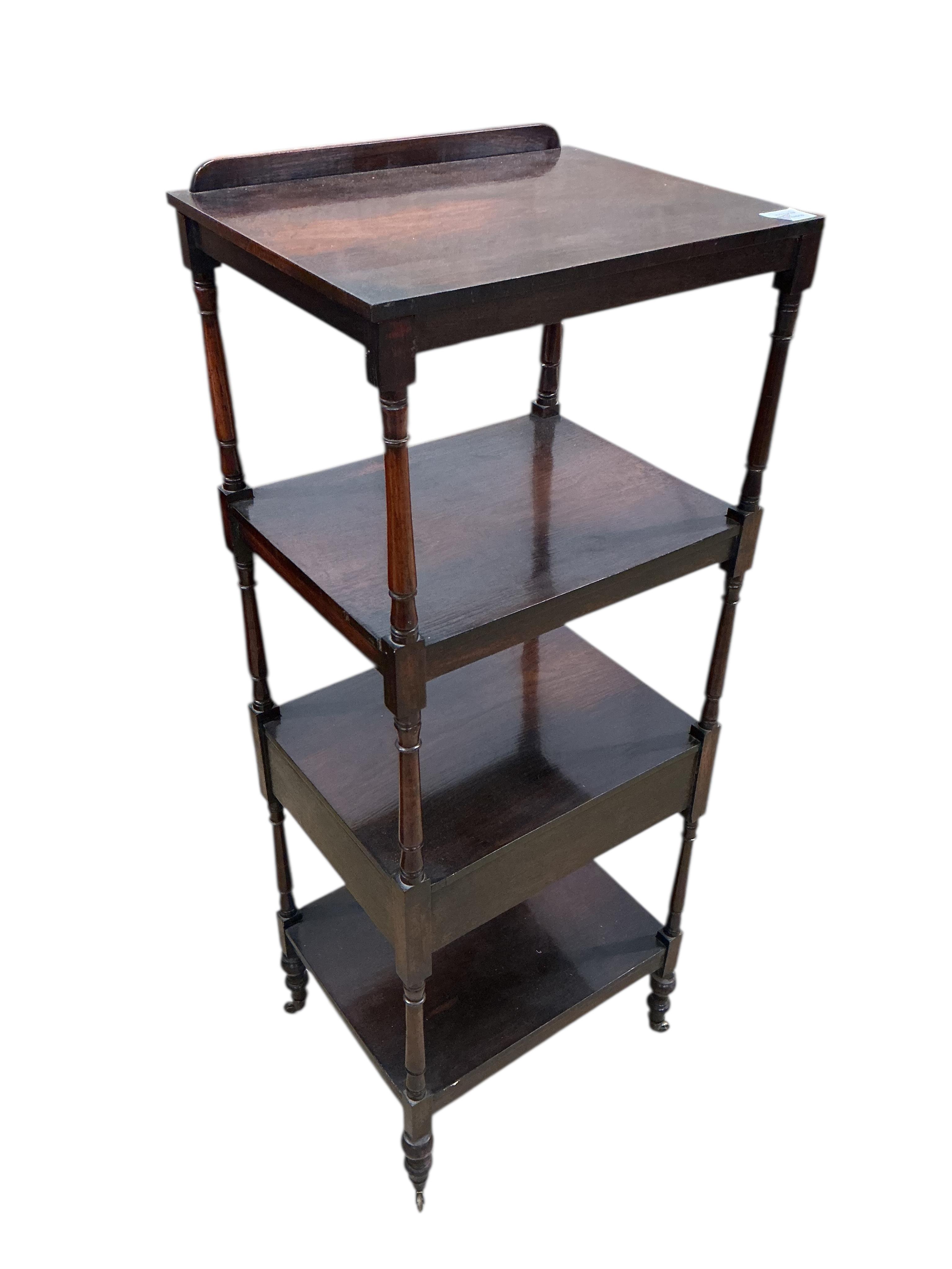 A Regency rosewood four tier whatnot with hinged ratchet top, width 46cm, depth 37cm, height 122cm